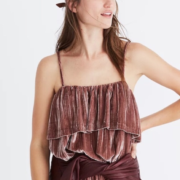 Madewell Mauve Pink Crushed Velvet Ruffle Cami Swing Tank Top Blouse XS Silk 415 - Picture 1 of 6
